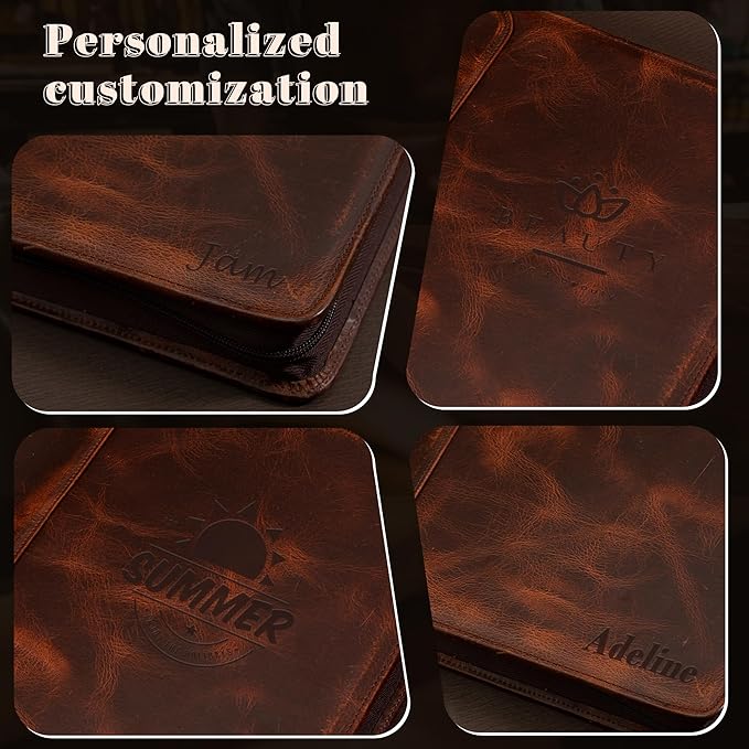 Free Engraved Name, Personalized Leather Binder Portfolio Folder, 3 Ring Binder Padfolio for Men, Handmade Resume Zippered Padfolio for Women, Business A4 Document Organizer, Customized, Oil Wax