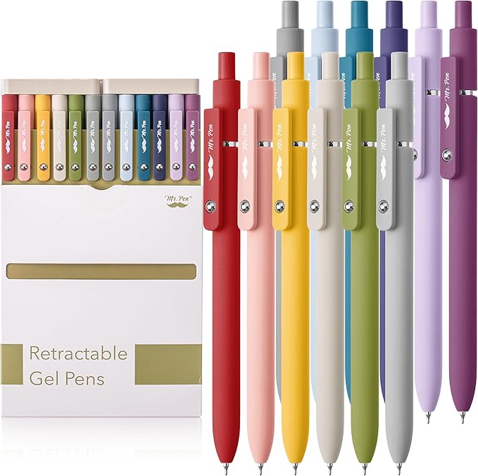 Mr. Pen- Retractable Gel Pens, 12 Pack, Morandi and Vintage Barrels, Black Gel Pens, Fast Dry, Gel Pens Fine Point 0.5mm, Retractable Pens, Cute Pens, Gel Ink Pens, Aesthetic Pens for Journaling