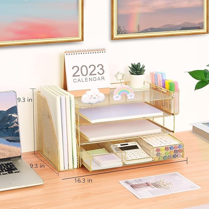 Desk Organizers and Accessories, Desk Accessories & Workspace Organizers for Office Supplies, File Organizer Desk Drawer Organizer with 2 Pen Holders, 4 Tier Paper Organizer for Desk (Gold)
