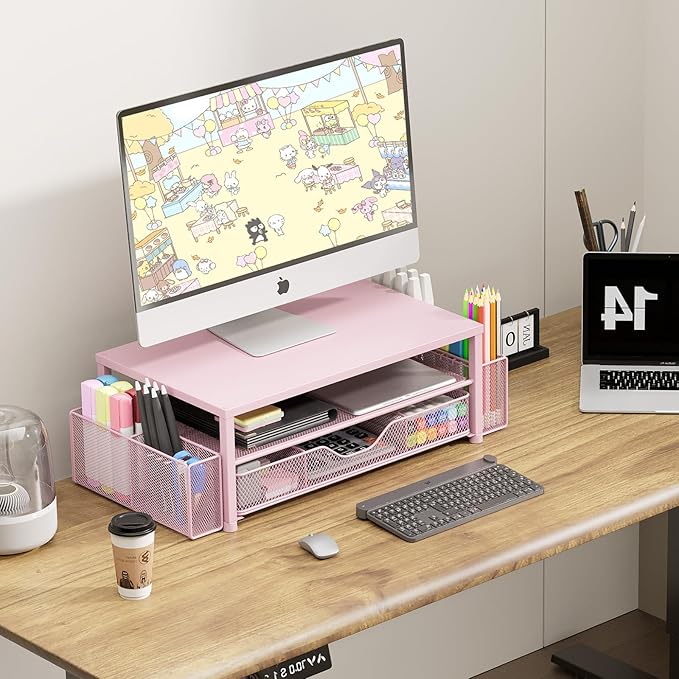 Desk Organizers and Accessories, 2-Tier Computer Monitor Stand for Desk Organizer with Drawer and 2 Pen Holders, Office Desk Accessories Workspace Desktop Organizers for Office Supplies, Pink