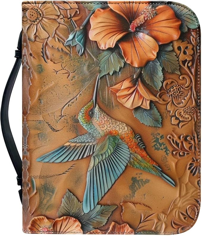 Lotusorchid Large Faux Leather Bible Cover, Hummingbird Bible Cover Case for Women with Handle Pocket, Hibiscus Bible Book Carrying Bags Bible Tote Bag, Bible Study Accessories, Orange, M