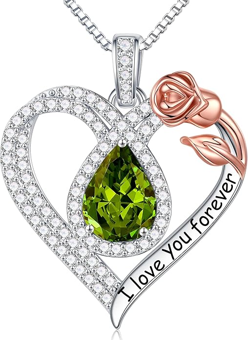 Hidepoo Christmas Gifts for Women Mom Wife - Sterling Silver Rose Heart Birthstone Necklace I Love You Forever Heart Pendant Teardrop Necklace Jewelry Anniversary Valentines Christmas Birthday Gifts