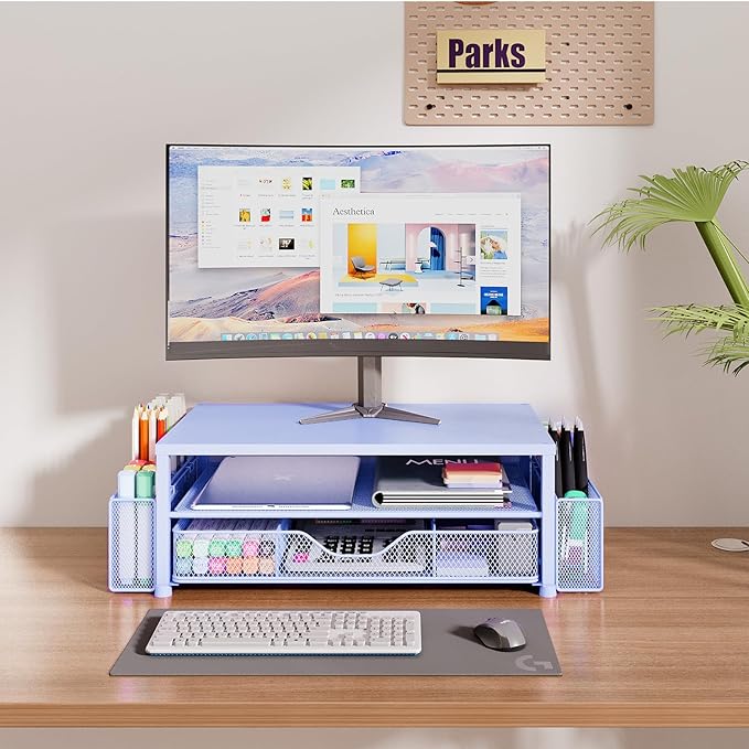 Desk Organizers and Accessories, 2-Tier Computer Monitor Stand for Desk Organizer with Drawer and 2 Pen Holders, Office Desk Accessories Workspace Desktop Organizers for Office Supplies, Blue