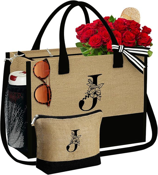 YOOLIFE Christmas Gifts for Women, Initial Jute Tote Bag with Zipper Grandma Mom Bride Teacher Gifts Birthday Gifts for Women