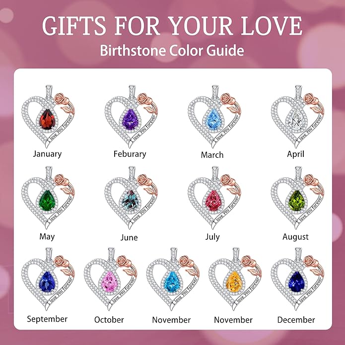 Hidepoo Christmas Gifts for Women Mom Wife - Sterling Silver Rose Heart Birthstone Necklace I Love You Forever Heart Pendant Teardrop Necklace Jewelry Anniversary Valentines Christmas Birthday Gifts