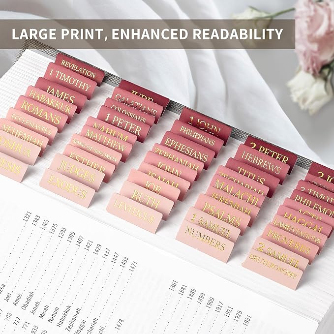Bible Tabs for Women & Men, Laminated Bible Tabs for Study Bible, Large Print Bible Tabs for Easy Navigation, Bible Index Tabs, 66 Tabs Old & New Testament, Extra 9 Blank Tabs - Blush