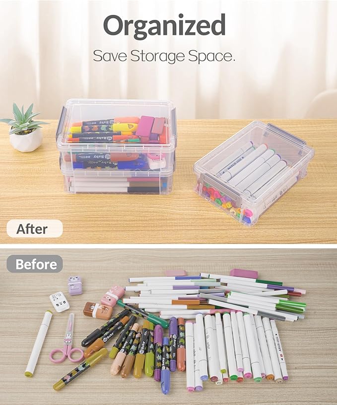 Sooez 6 Pack Extra Large Pencil Box, Plastic Pencil Case Crayon Box Bulk, Clear Marker Organizer Plastic Containers with Lid, Stackable Storage Box for Craft, Pen, Art, School Supply, Purple