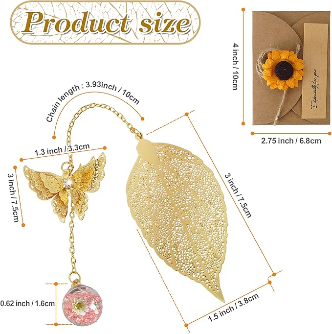 Bookmark with Gift Card,Golden Leaf Book Mark, Rose Flower Craft Gift Card Envelope, Gift for Family, Friend, Kid, Book Lovers sunflpw