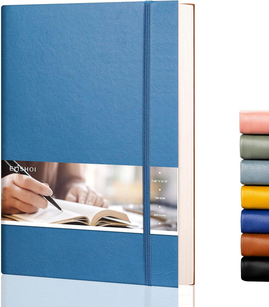 EMSHOI Dotted Journal Bullet Notebook,192 Numbered Pages B5 Large Dot Grid Composition Notebook with 100gsm Thick Dotted Paper, Softcover Leather, Inner Pocket, 7.48"x10.15"-LightBlue