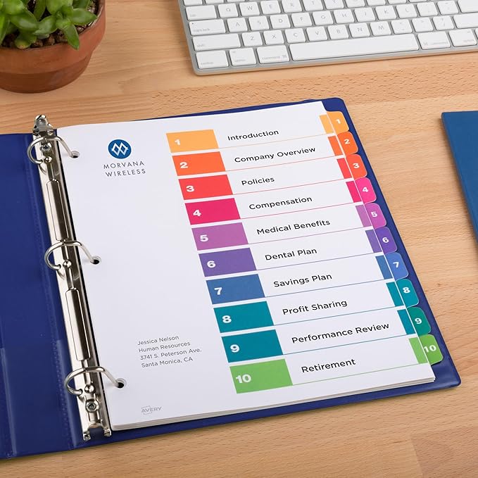 Avery 10 Tab Dividers for 3 Ring Binders, Customizable Table of Contents, Multicolor Tabs, 3 Sets (11072)