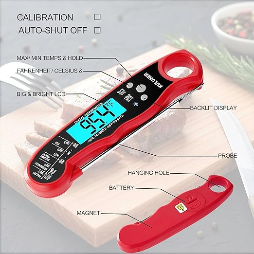 TP-01 Waterproof Digital Instant Read Meat Thermometer with 4.6 Folding Probe Backlight Calibration Function for Cooking Food Candy, BBQ Grill, Liquids,Beef（Red）