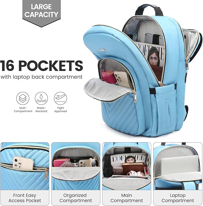 LOVEVOOK Laptop Backpack for Women 15.6 inch,Cute Womens Travel Backpack Purse,Professional Laptop Computer Bag,Waterproof Work Business College Teacher Bags Carry on Backpack with USB Port,Angel Blue