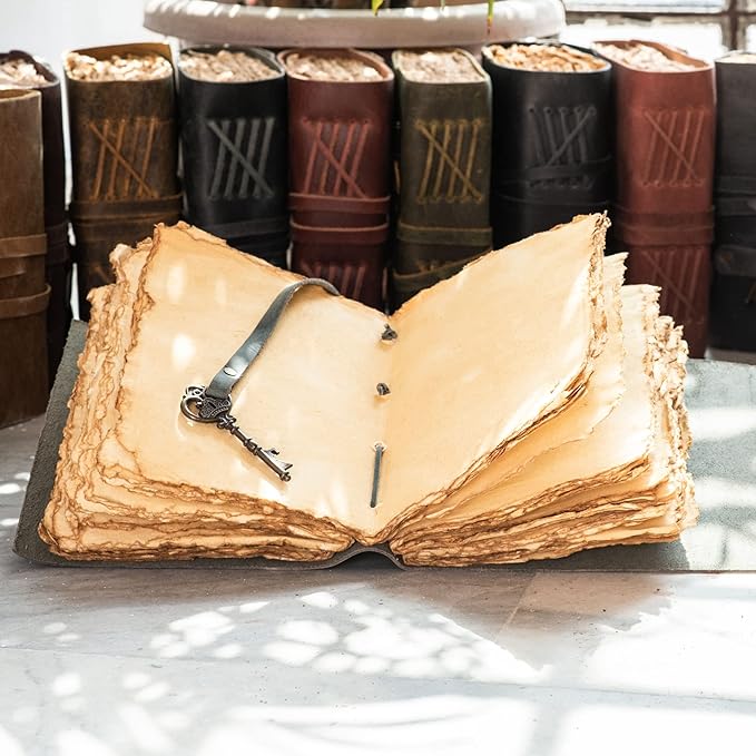 LEATHER VILLAGE Vintage Leather Journal – 200 Handmade Vintage Deckle Edge Paper – Leather bound Journal For Women Men – Vintage Key Closure - Book of Shadows - Aqua - 8X6 inches (A5)