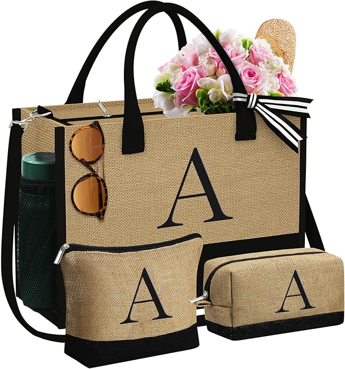 YOOLIFE Christmas Gifts for Women - Initial Jute Tote Bag & 2 Makeup Bags Birthday Gifts for Women Mom Teacher Friend Sister