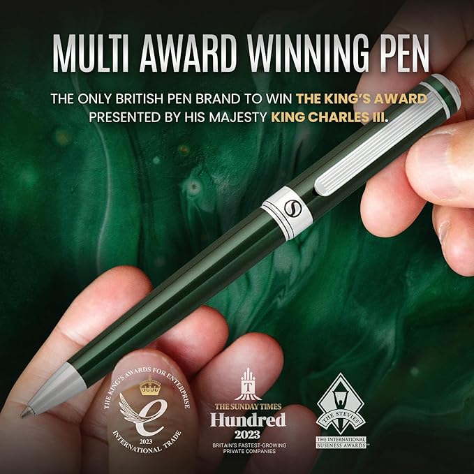 Scriveiner Green Ballpoint Pen - Stunning British Racing Green Luxury Pen, Chrome Finish, Schmidt Black Refill, Best Ball Pen Gift Set for Men & Women, Professional Executive Office, Nice Designer Pen