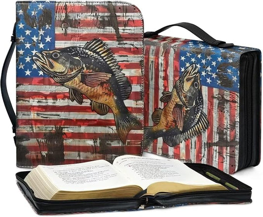 Lotusorchid Bass Fish Print Bible Cover Case, Zippered Bible Carrying Case for Women Girls, American Flag Bible Tote Bag Sturdy Bible Book Cover for Bible Study, Christian Bible Accessories, 2XL
