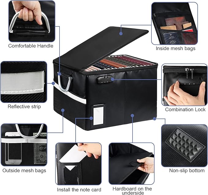 Fireproof Document Box File Organizer Box, Fireproof File Cabinet Box Storage Filing Cabinet Box with Lock, Portable Office Safe Box for Hanging Letter/Legal Folder 16.1 x 12.9 x 11in (Dark Black)