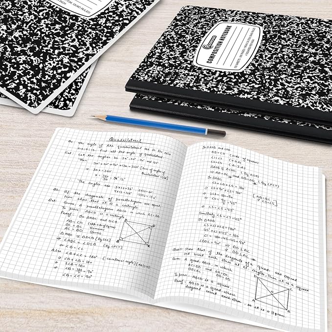 12 Pack Graph Paper Composition Notebook, 200 Pages (100 Sheets), 4x4 Grid, Graph Composition Notebook, Black Marble Hard Cover Quad Ruled Notebooks for School, Bulk Grid Composition Notebook