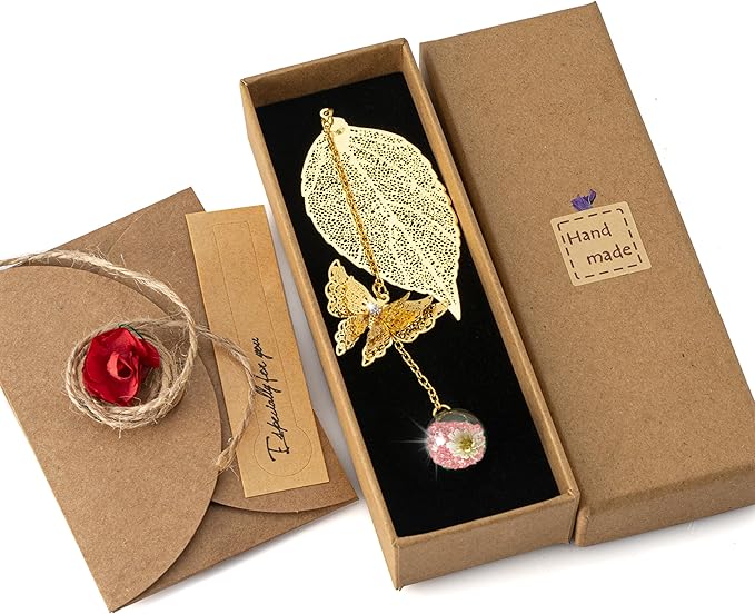 Bookmark with Gift Card,Golden Leaf Book Mark, Rose Flower Craft Gift Card Envelope, Gift for Family, Friend, Kid, Book Lovers rosepw