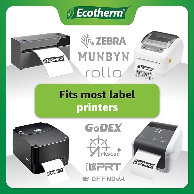 2.25" x 1.25" Thermal Labels | 6 Rolls | 12600 Labels | fits Zebra, Munbyn, Rollo, Godex, Arkscan, iDPRT, Offnova Thermal Label Printers and More | Blank White Adhesive Stickers by Ecotherm