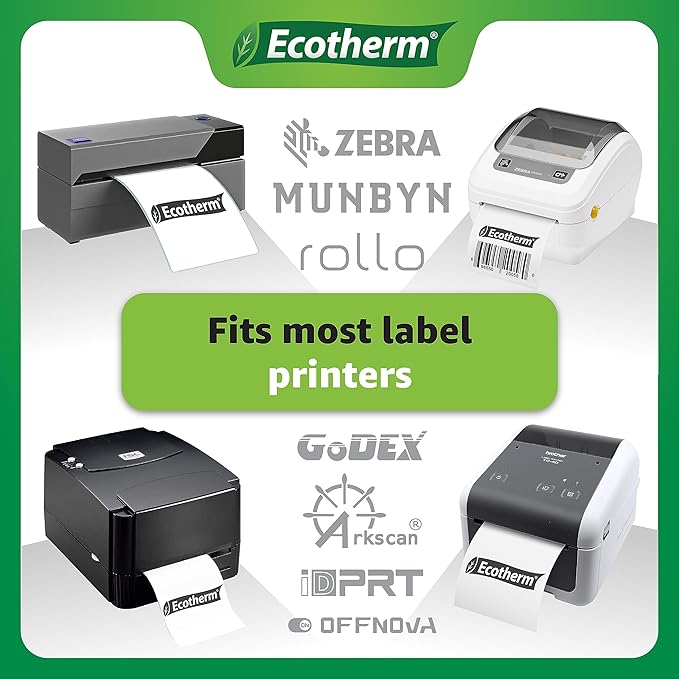 4" x 1" Thermal Labels | 4 Rolls | 5360 Labels | fits Zebra, Munbyn, Rollo, Godex, Arkscan, iDPRT, Offnova Thermal Label Printers and More | Blank White Adhesive Stickers by Ecotherm