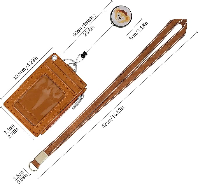 Cute ID Badge Holder Retractable Lanyard Reel Clip with Heavy Duty Carabiner, 5 Card Slots in 2 Sided with Key Ring and Zipper for Women Students Teens Girls Office Staff (Brown Duffy)