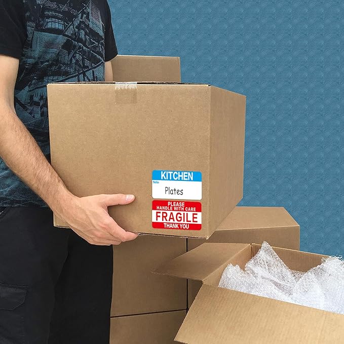 300 Count 3.5 x 2 Large Home Moving Packing Box Labels for 3-4 Bedroom House with Writable Notes Areas, 6 Color Coded Moving Labels for Boxes + Fragile Moving Stickers