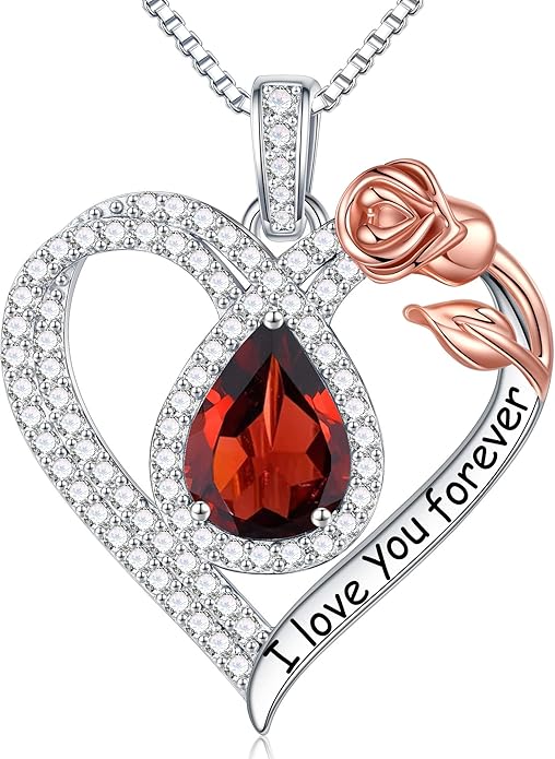 Hidepoo Christmas Gifts for Women Mom Wife - Sterling Silver Rose Heart Birthstone Necklace I Love You Forever Heart Pendant Teardrop Necklace Jewelry Anniversary Valentines Christmas Birthday Gifts