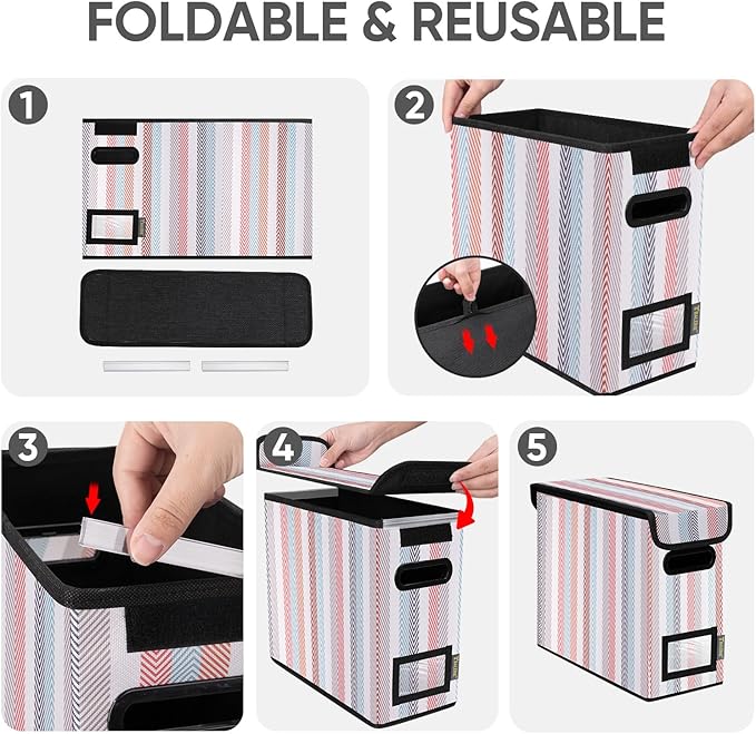BALEINE File Organizer Box with Lid, Collapsible File Folder Organizer with Plastic Slide, Hanging File Folder Box for Office Document Storage (2 Pack, Color Stripe, S)