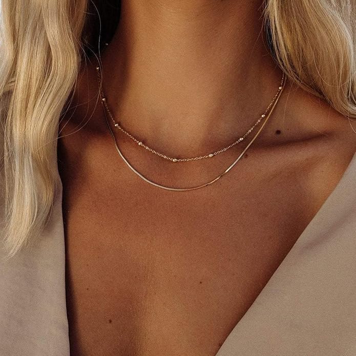 Herringbone Necklace for Women,Dainty Gold Necklace,14k Gold Plated Snake,Gold Chain Choker Necklaces,Simple Gold Layered Necklaces,Gold Jewelry Gift for Women