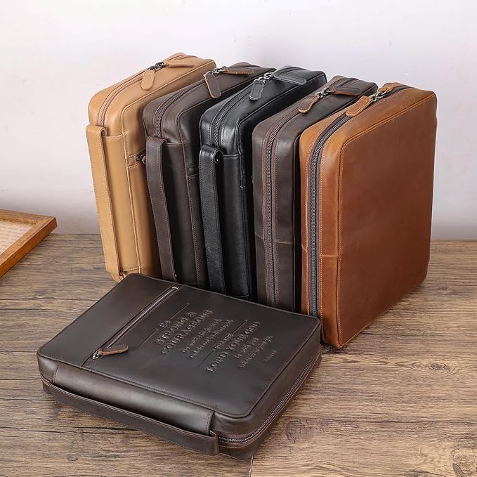 Polare Full Grain Leather Bible Cover Church Bag Bible Protective Book Holder Carrying Case Folder Organizer Portfolio with YKK Zippers, Dark Brown(Strong & Courageous)