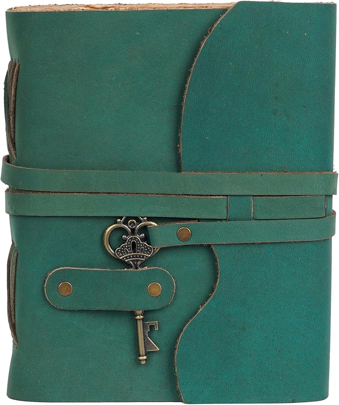 LEATHER VILLAGE Vintage Leather Journal – 200 Handmade Vintage Deckle Edge Paper – Leather bound Journal For Women Men – Vintage Key Closure - Book of Shadows - Turquoise - 8X6 inches (A5)