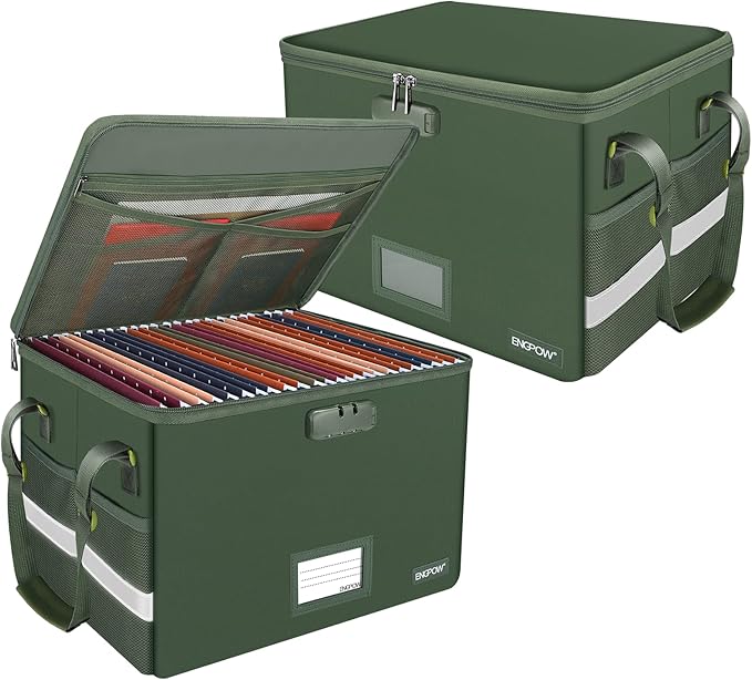 ENGPOW File Box with Lock,Fireproof Document Box with Pockets,Collapsible File Storage Organizer Filing Cabinet with Handle,Portable Home Office Safe for Hanging Letter/Legal Folders,2 Pack(Green)