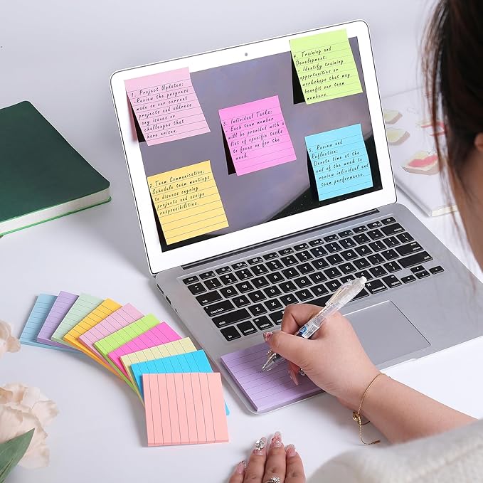 (24 Pack) Lined Sticky Notes 3x3 in Post Ruled Stickies Super Sticking Power Memo Pads,12 Bright Multi Colors Sticky Notes with Lines Self-Stick Note Pads
