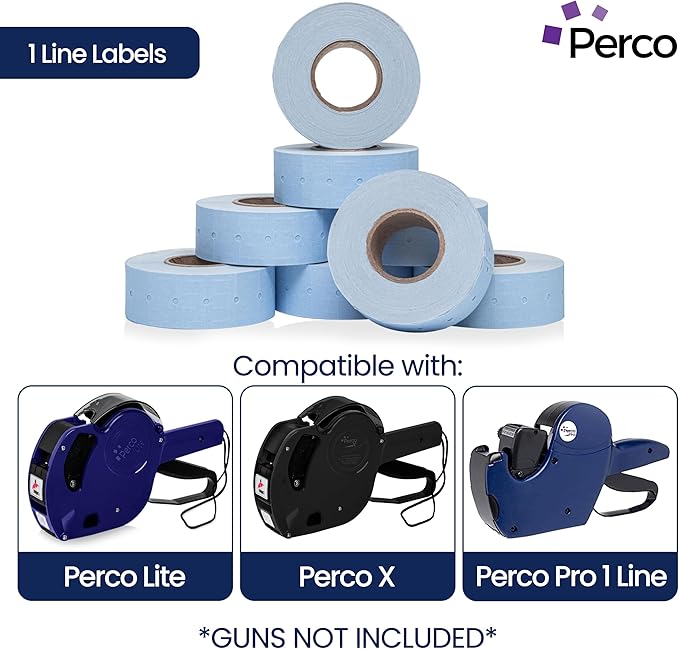 Perco 1 Line Blue Labels - 32 Rolls, 4 Sleeves, 32,000 Blank Price and Date Gun Labels for Perco 1 Line Price and Date Guns - Made in USA