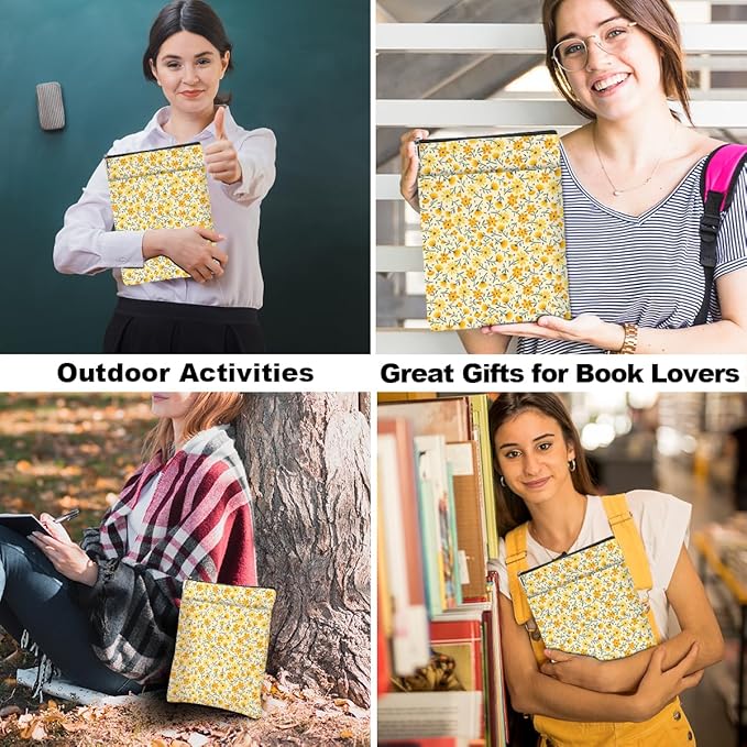 Yellow Wildflowers Pattern Book Lovers Gifts Waterproof Book Sleeve Book Pouch Book Protector with Zipper and Front Pocket BookCover Case for Women Best Friend Sister Book Accessories Book Club Gifts