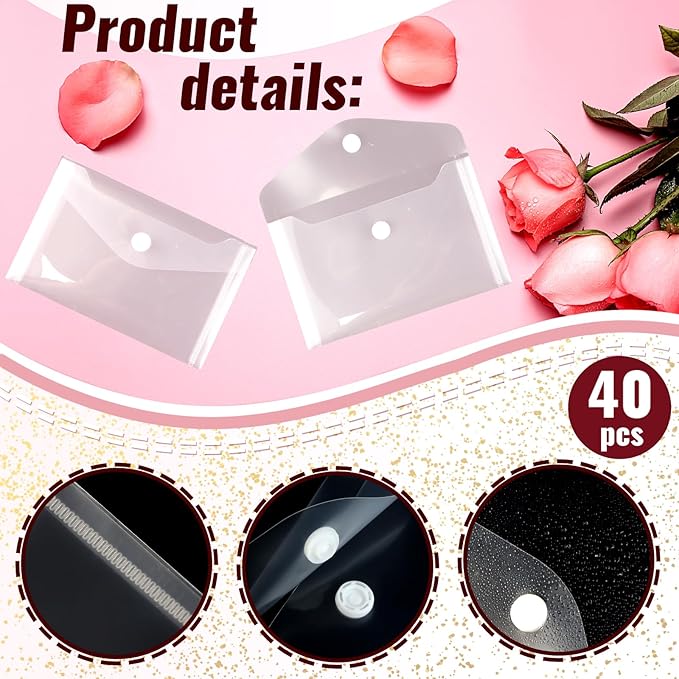 Vmiapxo 40 Pack Stamp and Die Storage Pockets, Reusable Small Plastic Envelopes Waterproof Sticker Organizer Receipt Holder Photo Storage Folders (3" x 5")