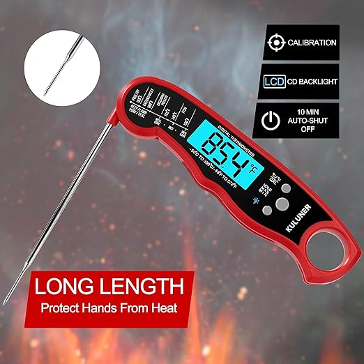 TP-01 Waterproof Digital Instant Read Meat Thermometer with 4.6 Folding Probe Backlight Calibration Function for Cooking Food Candy, BBQ Grill, Liquids,Beef（Red）