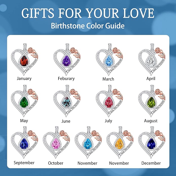 Hidepoo Christmas Gifts for Women Mom Wife - Sterling Silver Rose Heart Birthstone Necklace I Love You Forever Heart Pendant Teardrop Necklace Jewelry Anniversary Valentines Christmas Birthday Gifts