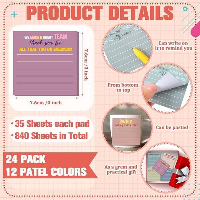 Yinder 24 Pcs Team Sticky Notes Team Appreciation Gifts Bulk Employee Coworker Inspirational Sticky Notes Pad Appreciation Gifts for Teacher Nurse Office Supplies 3 x 3''(Morandi Color,Appreciation)