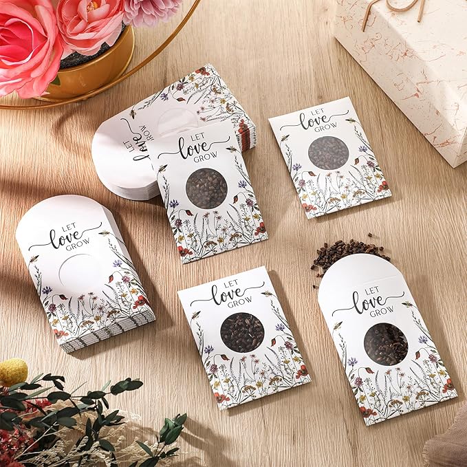Fumete 50 Pcs Let Love Grow Seed Packets Wedding Favor for Guests Bulk Seed Envelope Kraft Bag with Window Flower Resealable Seed Storage Packets for Wedding Party Favors Bridal Shower No Seed