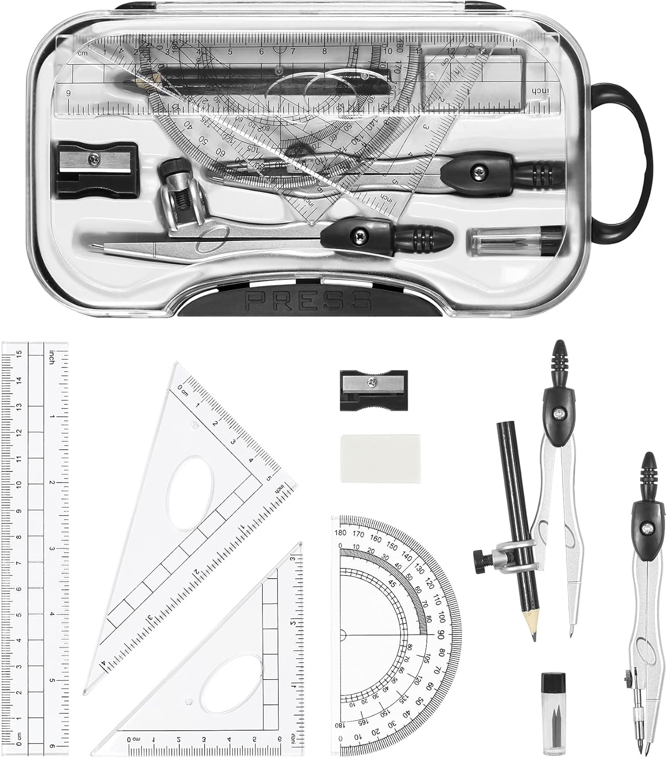 10 Pieces Math Geometry Kit Set Student Supplies with Shatterproof Storage Box,Includes Rulers,Protractor,Compass,Eraser,Pencil Sharpener,Lead Refills,Pencil,for School and Drawings（Black）
