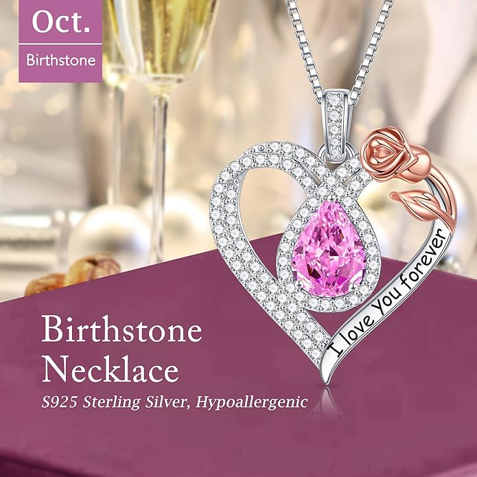 Hidepoo Christmas Gifts for Women Mom Wife - Sterling Silver Rose Heart Birthstone Necklace I Love You Forever Heart Pendant Teardrop Necklace Jewelry Anniversary Valentines Christmas Birthday Gifts
