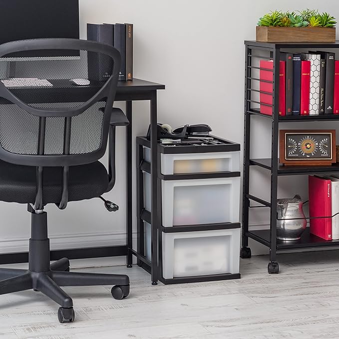 IRIS 3 Drawer Storage Cart - Plastic Organizer for Classroom Supplies, Art Supplies, Small Parts, Pearl/Black