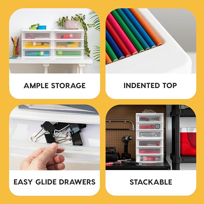 IRIS USA Plastic Stacking Desk Top 3-Drawer Storage Organizer, 2-Pack, for Makep Vanity Nail Polish Bathroom Stationery Art Craft Supplies Kitchen Office Garage and Small Organization, Medium, White