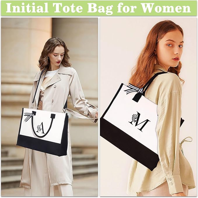 YOOLIFE Christmas Gifts for Women - Initial Canvas Tote Bag & Makeup Bag Birthday Gifts for Women Mom Friend Teacher Sister
