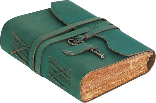 LEATHER VILLAGE Vintage Leather Journal – 200 Handmade Vintage Deckle Edge Paper – Leather bound Journal For Women Men – Vintage Key Closure - Book of Shadows - Turquoise - 10X7 inches