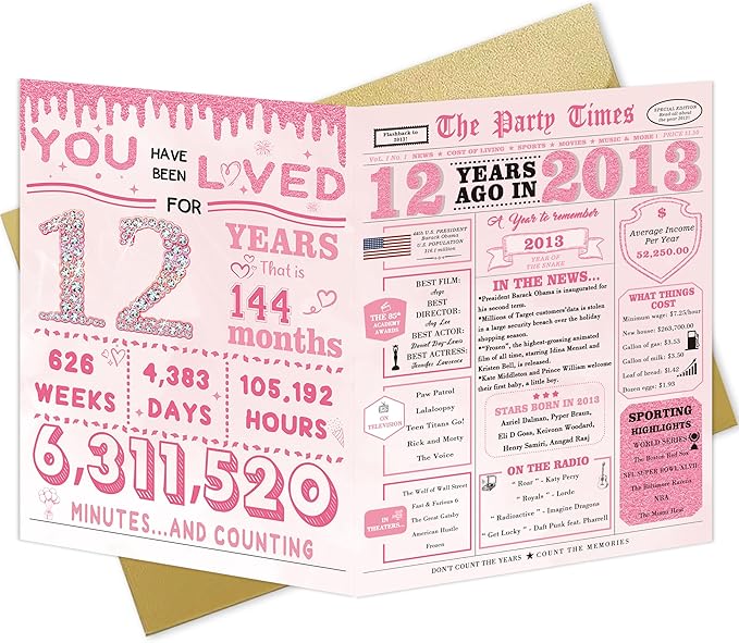 12 Year Old Girl Birthday Gifts，12th Birthday Decorations for Girls，12th Bday Card，12 Year Old Bday Decorations for Daughter Granddaughter Niece