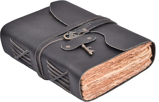 LEATHER VILLAGE Vintage Leather Journal – 200 Handmade Vintage Deckle Edge Paper – Leather bound Journal For Women Men – Vintage Key Closure - Book of Shadows - Black - 8X6 inches (A5)