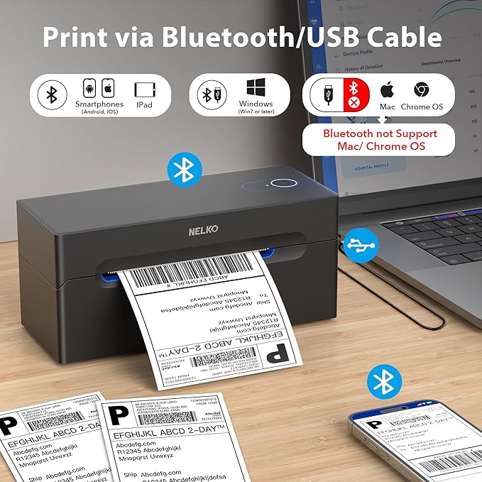 Nelko Bluetooth Thermal Shipping Label Printer, Wireless 4x6 Shipping Label Printer for Shipping Packages, Support Android, iPhone and Windows, Widely Used for Amazon, Ebay, Shopify, Etsy, USPS